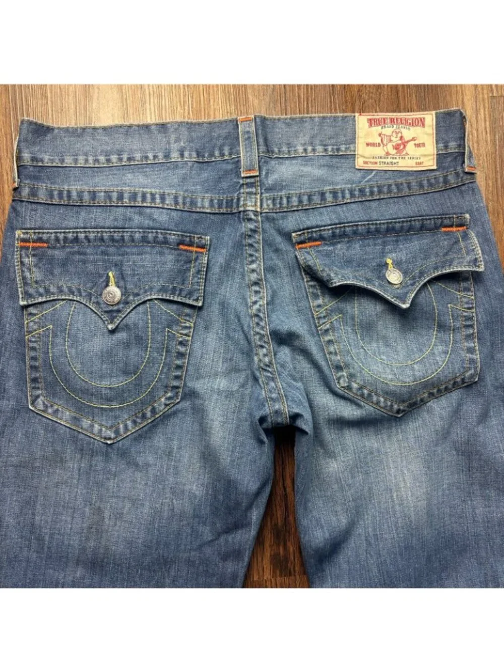 True Religion Straight Jeans Distressed Medium Wash Big T Flap Men’s Size 38